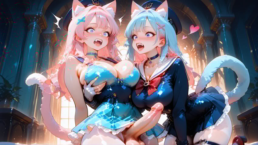 2futas ai_art ai_generated animal_ears blue_hair cat_ears cat_girl cat_tail catgirl dickgirl futanari futanari koneko konekofuta large_breasts large_penis pink_hair shocked surprised two_tone_hair two_tone_hair_(blueandpink)