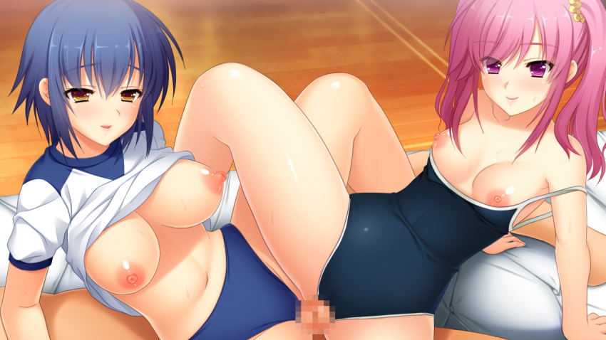 blue_hair breasts buruma censored game_cg gym_uniform kamijo_tsubasa kamijou_tsubasa kinmedai_pink miyamae_iroha nipples penis pink_hair school_swimsuit sei_shoujo_seido_ikusei_gakuen swimsuit tied_hair twintails wet