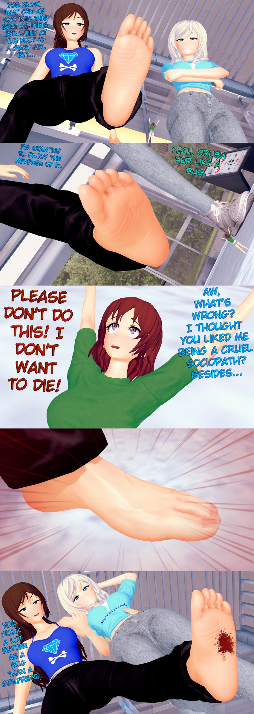 3girls afraid ari_(class_of_'09) barefoot blood blood_stain class_of_'09 crush crushing emily_(class_of_'09) fear feet female foot_fetish foot_focus geagts giant giant_feet giantess giantess_crush giantess_feet imminent_crush imminent_stomp macro micro nicole_(class_of_'09) shrunken_female size_difference stomping tiny