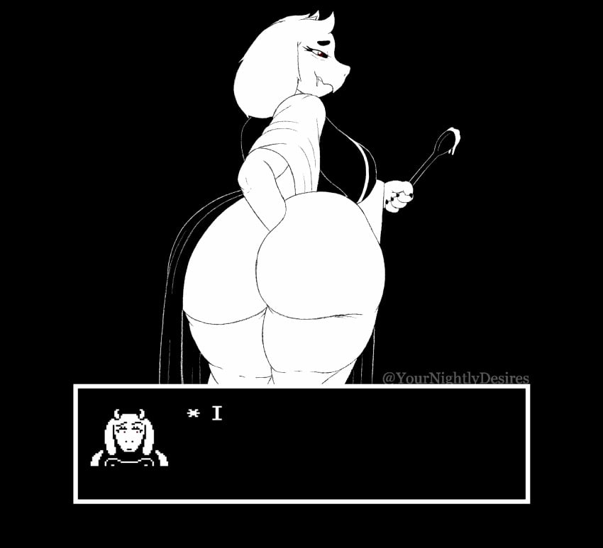 2025 2_horns animated anthro ass big_breasts big_butt black_and_white black_background blush bodily_fluids bouncing_breasts bouncing_butt bovid breasts butt_scratch caprine clothing clothing_aside cutlery dialogue dress dress_aside drooling english_text female fluffy_ears goat hi_res holding_spoon horn huge_breasts huge_butt kitchen_utensils mammal monochrome rear_view saliva simple_background smile solo spoon text text_box tools toriel undertale_(series) white_horn wooden_spoon yournightlydesires