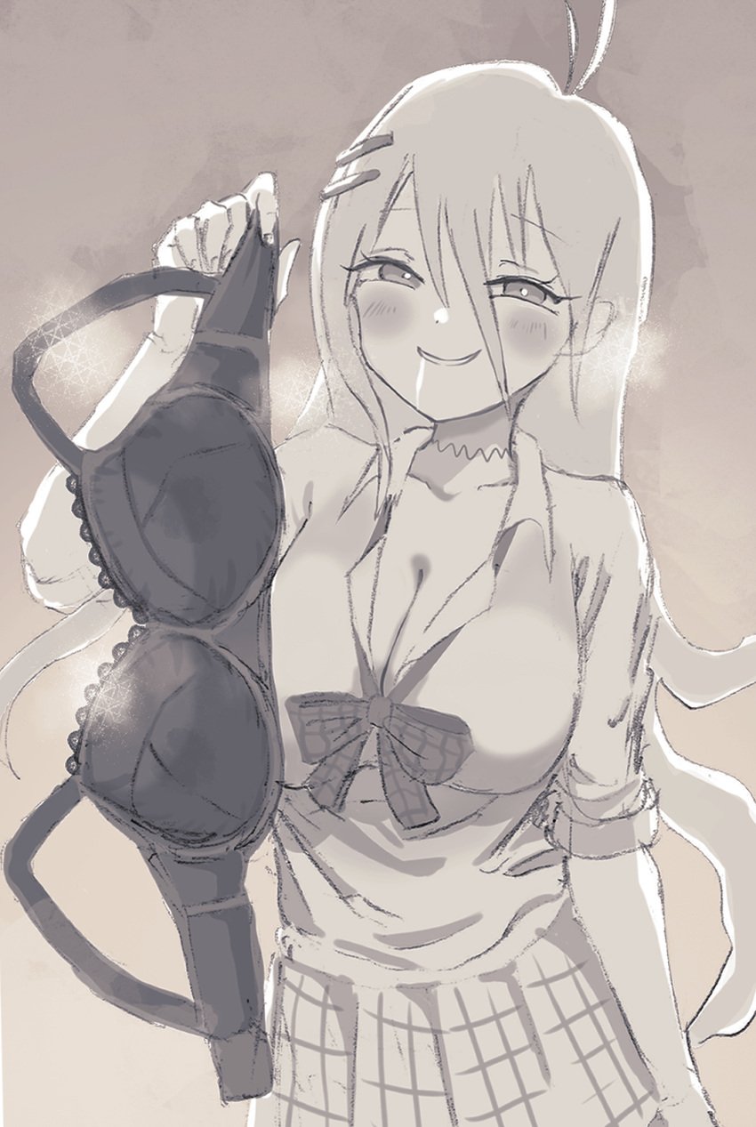 1girls ahoge blush bow bra bra_removed breasts choker cleavage dadadaeki00 danganronpa danganronpa_v3 drooling female female_only hair_between_eyes holding_bra holding_underwear holding_unworn_clothes iruma_miu lace-trimmed_bra lace_trim large_breasts long_hair looking_at_viewer naughty_face official_alternate_costume plaid_skirt presenting_bra school_uniform skirt smile solo