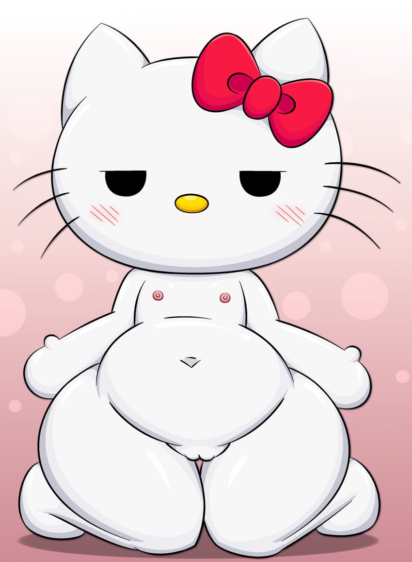 2025 absurd_res anthro areola bedroom_eyes belly biped black_eyes blush blush_lines cel_shading digital_media_(artwork) domestic_cat felid feline felis female flat_chested front_view genitals hello_kitty_(character) hello_kitty_(series) hi_res kneeling looking_at_viewer mammal narrowed_eyes navel nipples no_pupils nude pink_areola pink_background pink_nipples pussy red_bow sanrio seductive shaded short_stack simple_background slightly_chubby slightly_chubby_anthro slightly_chubby_female solo thick_thighs whiskers white_body white_ears yellow_nose zinzoa