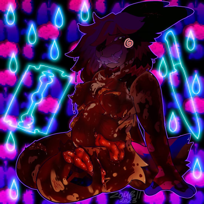 anthro belly blood bodily_fluids breasts canid canine chowmalgamation colorful_background covered_in_blood diesel_(jackrabbit) dripping_blood exposed_fat exposed_flesh fangs fluffy fluffy_hair fluffy_tail gore hair hi_res hybrid knife lagomorph leporid mammal open_wound organs rabbit razor self-harm sharp_teeth smile sparklefur tail teeth tools wound_on_ear wound_on_leg wound_on_torso wounded