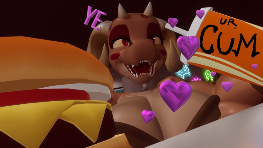 1girls big_breasts cum_drinking drink drinking hamburger heart heart horns kobold open_mouth solo tagme