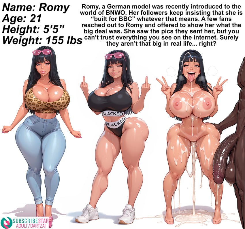 1boy 1girls after_sex ai_generated big_penis bimbo blacked blacked_clothing cum cum_drip cum_in_mouth cum_in_pussy cum_on_breasts cum_on_face dark-skinned_male dark_skin dartzai english_text female german interracial large_breasts looking_at_viewer male middle_finger text