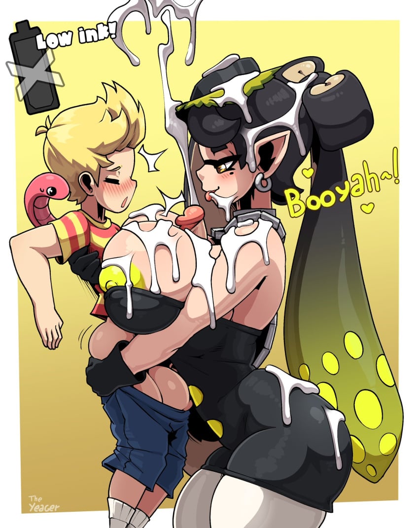 1boy1girl 2d areola areola_slip areolae areolae_slip balls big_areola big_balls big_breasts boobjob breasts breasts_bigger_than_head callie_(splatoon) cum cum_everywhere cum_in_hair cum_in_mouth cum_on_breasts cum_on_face cumshot curvy curvy_figure digital_media_(artwork) earthbound earthbound_(series) exited female female/male gloves hand_on_back hand_on_butt holding holding_ass huge_breasts large_breasts logo looking_at_penis lucas_(mother_3) male male/female mother_(series) mother_3 nervous nintendo smile smiling snake splatoon squid_sisters tagme text the_yeager theyeager tongue tongue_out trenchcoat