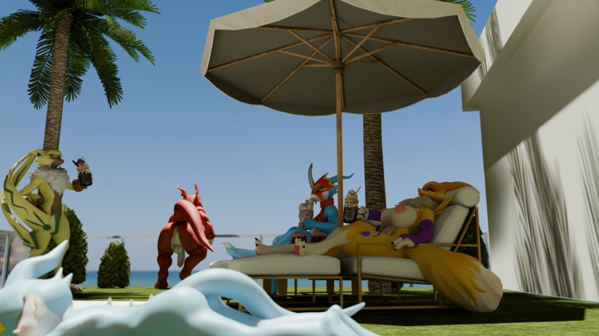 ambiguous_gender anthro anus ass balls bandai_namco beach beverage big_breasts big_butt breasts chair digimon digimon_(species) drinking_straw female femboy flamedramon fluffy fluffy_chest food furniture genitals group guilmon hi_res holding_food holding_object lounge_chair male milkshake nude nude_beach parasol penis relaxed_expression relaxing renamon scalie slim_male sunbathing symbareangoramon the_party_possum veemon