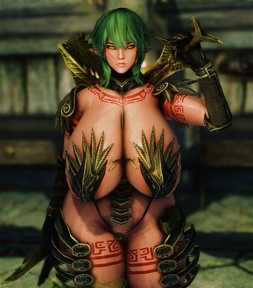 3d 3d_(artwork) abs areola areolae armor ass big_areola big_ass big_breasts big_thighs bikini blush breasts breasts cleavage clothing elf elf_ears elf_female elf_girl female_focus female_only freckles green_hair huge_ass huge_breasts huge_thighs indoors lipstick paint red_tattoo short_hair skyrim tan_body tan_skin tattoo the_elder_scrolls the_elder_scrolls_v:_skyrim warpaint weapon wide_hips yellow_eyes