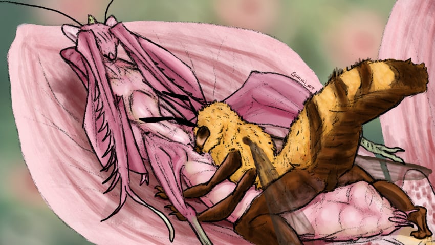 antennae_(anatomy) anthro arthropod arthropod_abdomen bee belly big_abdomen blade_arm blurred_background blush blush_lines covering covering_face cunnilingus duo embarrassed embarrassed_female female female/female flower flower_mantis fluffy fluffy_tail glistening glistening_body gummi_art hi_res honey_bee hymenopteran insects laying_on_partner lying mantis micro multi_arm multi_limb nude nude_anthro nude_female on_back oral orchid_mantis outside outside_sex paws plant questionable_consent sex spread_legs spreading tail vaginal_penetration wings