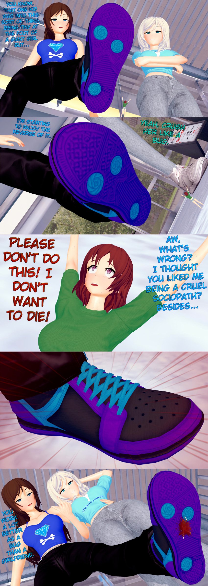 3girls afraid ari_(class_of_'09) blood blood_stain class_of_'09 crush crushing emily_(class_of_'09) fear feet female foot_fetish foot_focus geagts giant giant_feet giantess giantess_crush giantess_feet imminent_crush imminent_stomp macro micro nicole_(class_of_'09) shoe_fetish shoe_soles shoes shrunken_female size_difference stomping tiny