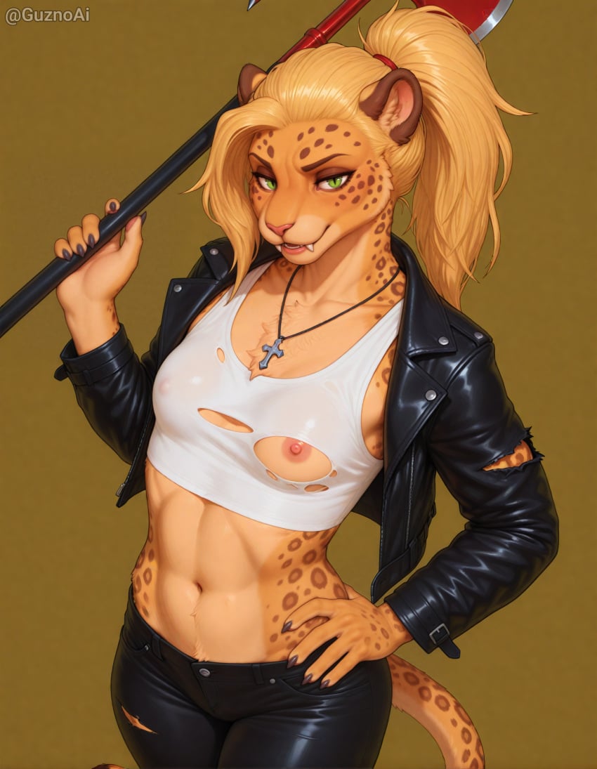 1girl 1girls ai_generated alternate_species anthro anthro_only anthrofied axe blonde_hair bottomwear breasts buffy_summers buffy_the_vampire_slayer claws clothed clothing crop_top curvy_figure digital_media_(artwork) eyelashes fangs felid feline female female_focus female_only fur furry furry_female furry_only green_eyes guznoai hair half-closed_eyes hand_on_hip hi_res holding_object holding_weapon humanoid jacket jewelry leather leather_clothing leather_jacket leather_topwear lips looking_at_viewer mammal markings melee_weapon multicolored_body multicolored_fur narrowed_eyes necklace nipples pantherine pants partially_clothed ponytail presenting seductive shirt small_breasts smile solo spots stable_diffusion standing tan_body tan_fur teeth topwear torn_bottomwear torn_clothing torn_pants translucent translucent_clothing tuft two_tone_body two_tone_fur voluptuous weapon wide_hips yellow_body yellow_fur yiff