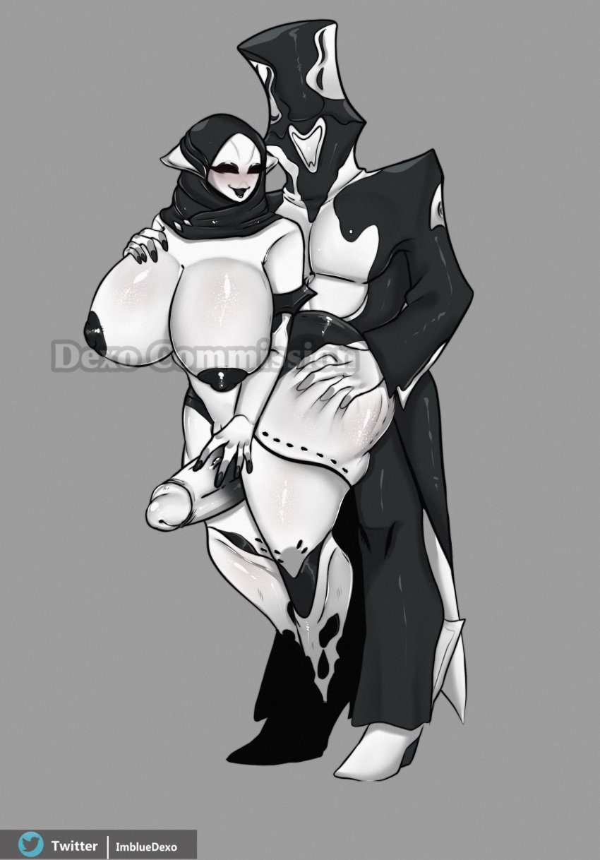 1boy1girl 2d 2d_(artwork) 2d_artwork blush commission erection excited hand_on_breast hand_on_penis hi_res holding_butt huge_ass huge_boobs huge_breasts huge_cock ladydexo_(artist) large_areolae limbo_(warframe) looking_back penis_between_thighs penis_on_ass standing_sex straight tagme teasing thick_thighs warframe wide_hips wisp_(warframe)