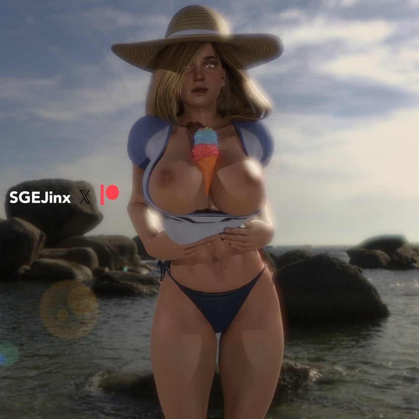 1:1_aspect_ratio 3d abs beach belly_piercing between_breasts bikini bikini_bottom black_bikini black_thong blender blender_(software) blender_cycles blonde_female blonde_hair breast_press breasts cleavage clothing dc dc_comics earrings exposed_breasts exposed_nipples female food hat headwear high_resolution ice_cream injustice_2 jewelry kara_zor-l karen_starr kryptonian large_breasts licking_lips light-skinned light-skinned_female light_skin lips looking_down medium_hair navel ocean paizuri patreon_username piercing pose power_girl power_girl_(injustice) rock seaside sgejinx_(artist) stomach summer summer_hat sun_hat sunny superman_(series) swimsuit thong thong_bikini twitter_username