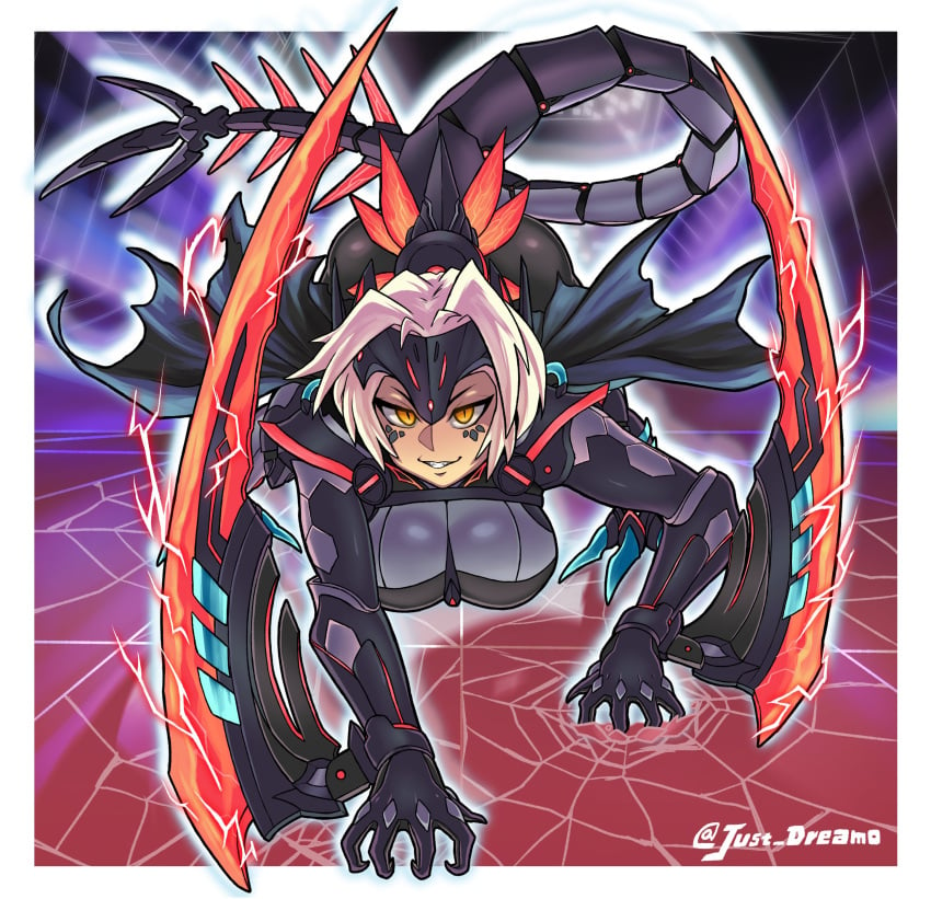 armor armored_bodysuit black_armor black_bodysuit blonde_hair bodysuit breasts dinomorphia_kentregina dinosaur_girl duel_monster female hand_up headgear mechanical_tail short_hair tail yu-gi-oh!