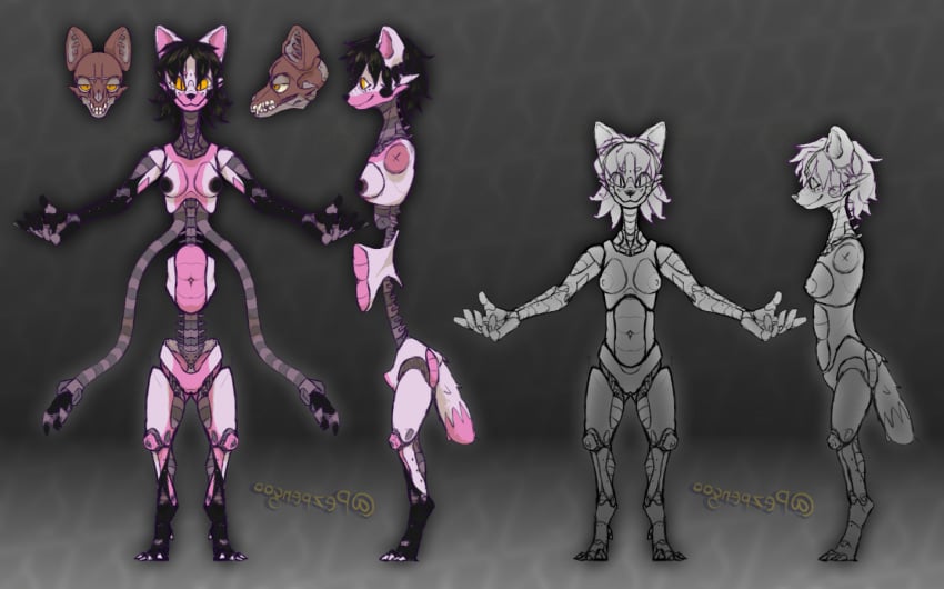 android anthro areola black_areola bone breasts canid canine female five_nights_at_freddy's five_nights_at_freddy's_2 fox genitals machine mammal mangle_(fnaf) model_sheet multi_arm multi_limb nude pezpengoo pink_pussy pussy robot scottgames segmented_body skull skull_head solo spine unusual_anatomy yellow_eyes