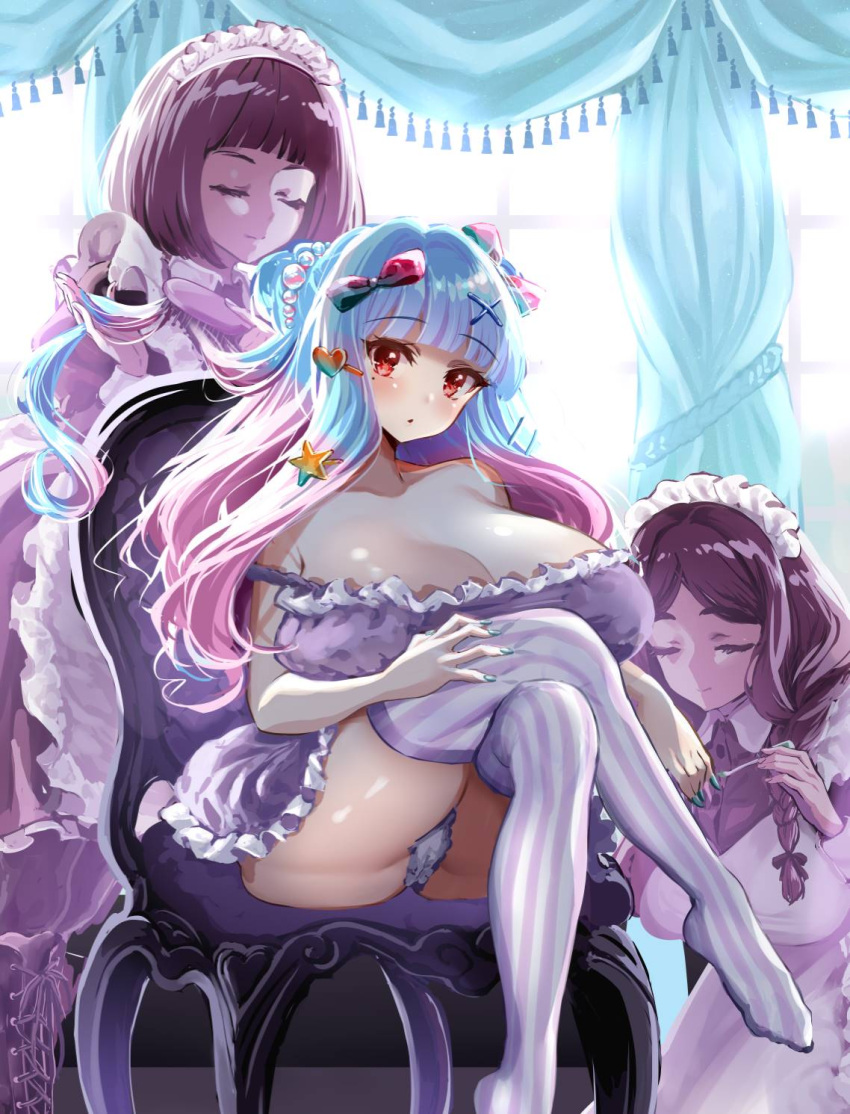 3girls bangs blue_hair blunt_bangs boots brown_hair chair cleavage closed_eyes curtains dress female female_only frills front_view hair_ornament hairclip huge_breasts inside kneeling light-skinned_female light_skin long_hair looking_at_viewer maid maid_headdress maid_uniform manyuu_kaeru_tasuke_sansei medium_hair multicolored_hair open_mouth original original_character painted_nails panties pink_hair red_eyes ribbon sitting smile straight_hair thighhighs