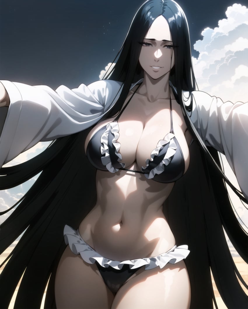 ai_generated big_breasts bikini black_hair bleach bleach:_the_thousand-year_blood_war cowboy_shot davincifachera hair_down huge_breasts kimono large_breasts light-skinned_female light_skin loose_hair mature mature_female micro_bikini midriff milf nai_diffusion naughty naughty_face naughty_smile pale-skinned_female pale_skin pinup revealing_swimsuit skimpy skimpy_bikini smile stable_diffusion swimsuit unohana_retsu unohana_yachiru very_long_hair voluptuous voluptuous_female