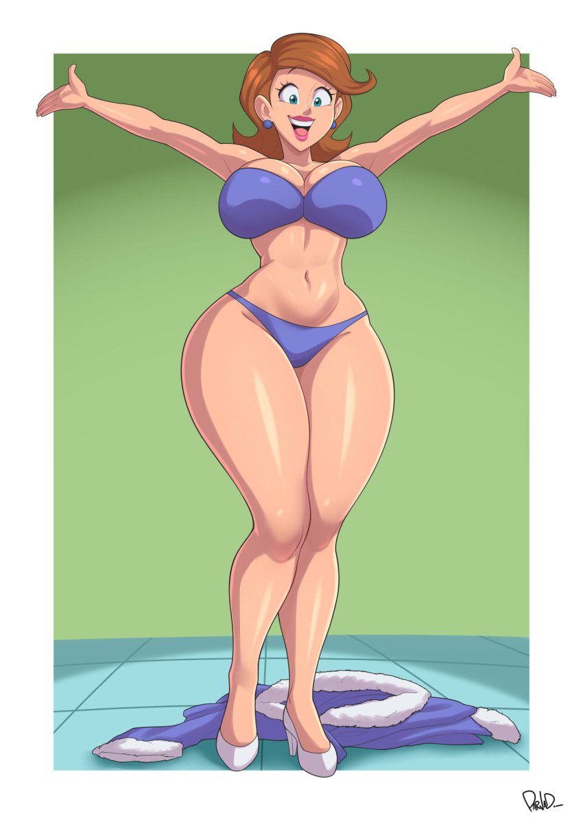 1girls armpits big_breasts bikini breasts brown_hair canonical_scene child_bearing_hips cleavage ear_piercing earrings green_eyes high_heels highres huge_breasts medium_hair milf navel nickelodeon open_mouth parvad smile solo swimsuit the_fairly_oddparents thick_thighs timmy's_mom underboob white_high_heels white_shoes wide_hips