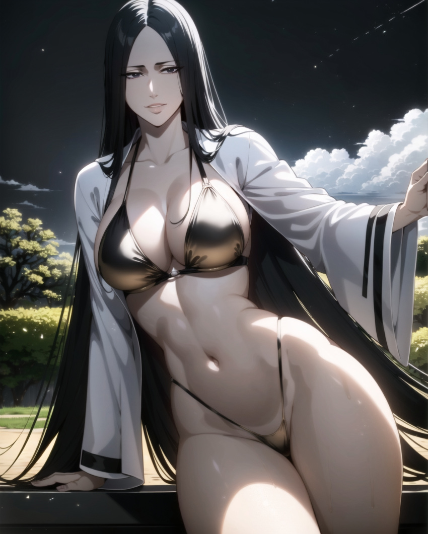 ai_generated big_breasts bikini black_hair bleach bleach:_the_thousand-year_blood_war breasts cowboy_shot davincifachera gold_bikini gold_bra gold_panties hair_down high_thong huge_breasts kimono large_breasts light-skinned_female light_skin loose_hair mature mature_female micro_bikini midriff milf nai_diffusion naughty naughty_face naughty_smile pale-skinned_female pale_skin pinup revealing_swimsuit skimpy skimpy_bikini smile stable_diffusion swimsuit thong thong_straps thongstraps unohana_retsu unohana_yachiru very_long_hair voluptuous voluptuous_female