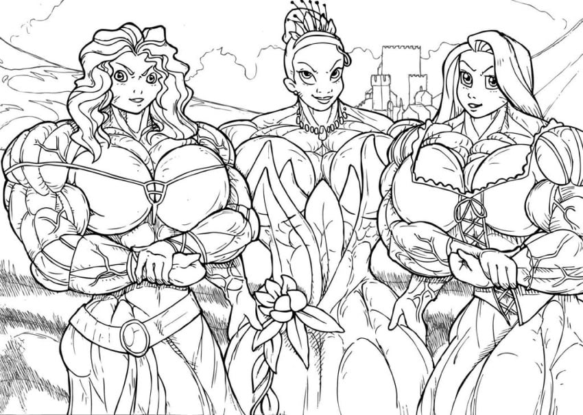 abs biceps big_breasts big_muscles brave breasts crossover disney disney_princess extreme_muscles female huge_breasts huge_muscles large_breasts large_muscles merida monochrome muscles muscular muscular_female pixar rapunzel rssam000 tangled the_princess_and_the_frog tiana