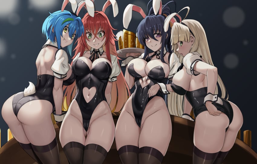 4girls :t adjusting_clothes adjusting_leotard akeno_himejima alternate_costume alternate_eye_color animal_ears asia_argento ass beer_mug black_hair black_leotard black_ribbon black_thighhighs blonde_hair blue_hair breasts bunnysuit cameltoe cleft_of_venus clothing_cutout commentary commission crossed_bangs cup detached_collar detached_sleeves english_commentary fake_animal_ears fake_tail female_focus female_only gluteal_fold green_eyes green_hair groin hair_between_eyes heart_cutout high_school_dxd highleg highleg_leotard highres holding holding_tray large_breasts leaning_forward leotard long_hair looking_at_viewer mug multicolored_hair multiple_girls navel navel_cutout neck_ribbon nico-mo playboy_bunny pout purple_eyes rabbit_ears rabbit_tail red_hair rias_gremory ribbon short_hair sideboob simple_background smile standing streaked_hair tail thighhighs tray white_wrist_cuffs wrist_cuffs xenovia_quarta yellow_eyes