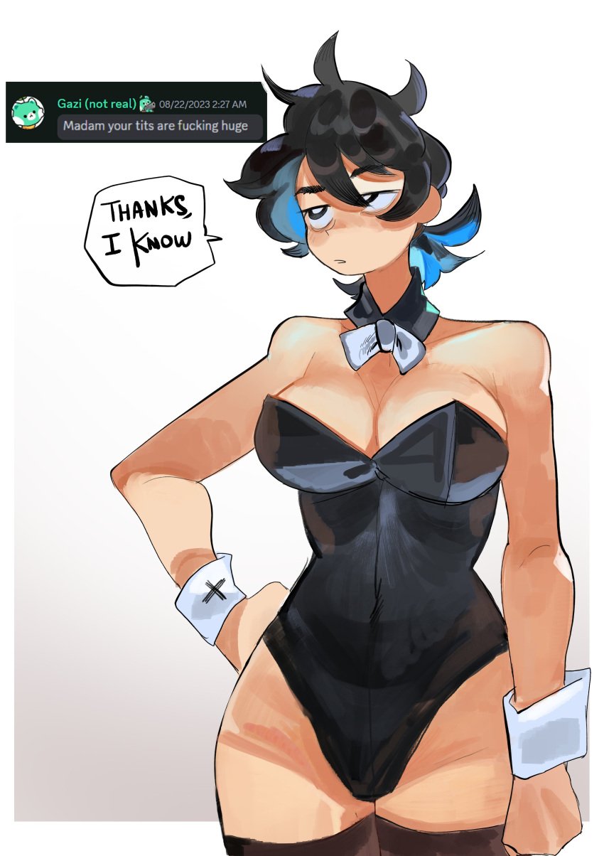 annoyed answer big_breasts blue_highlights bunnysuit coal_(lunydoobles) disinterested hand_on_hip lunydoobles slender_waist tagme