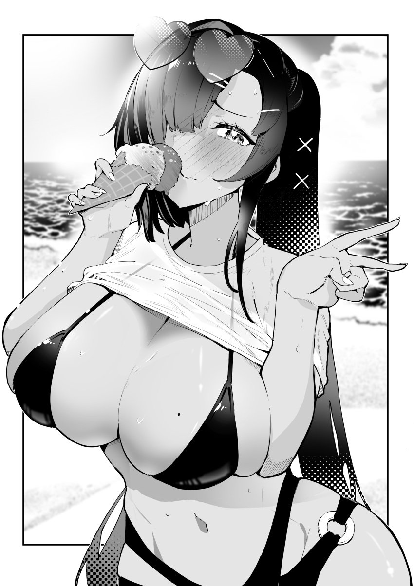 1girls absurdres beach bikini black_hair blush breasts cloud commentary_request dark_skin eyewear_on_head female food greyscale hair_ornament hair_over_one_eye hairclip heart heart-shaped_eyewear highres holding holding_food holding_ice_cream holding_ice_cream_cone huge_breasts ice_cream ice_cream_cone long_hair looking_at_viewer mole mole_on_breast monochrome navel o-ring o-ring_bikini ocean original ougi_masahiro outdoors ponytail shirt shirt_rolled_up skindentation solo sunglasses sweat swimsuit t-shirt tan v voluptuous