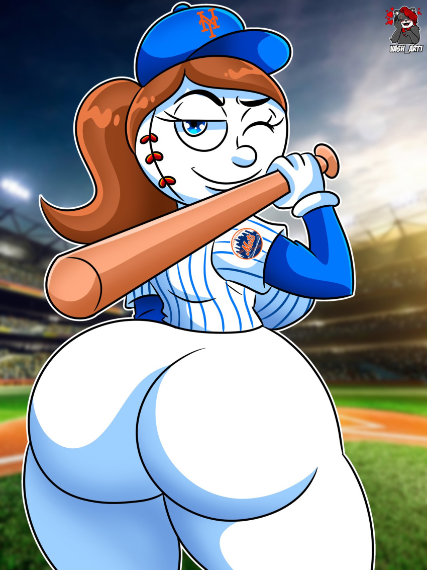 1girls ass baseball baseball_cap big_ass bottomless brown_hair female female_only looking_at_viewer looking_back mlb mrs._met new_york_mets one_eye_closed partially_clothed ponytail rear_view smile solo solo_female vash_art wink