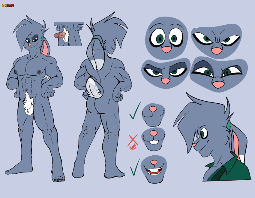 abs absurd_res anthro breasts chance_the_rabbit divine_acid ears_tied_back eye_bags flaccid genitals glass green_eyes hi_res lagomorph leporid looking_at_viewer lordmarukio male mammal model_sheet muscular muscular_male nipples pecs penis pubes rabbit solo