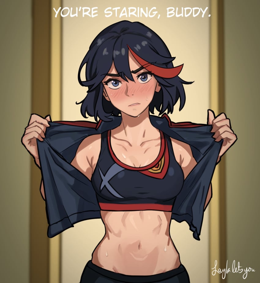 1girls abs after_workout ahoge arms_at_sides artist_name athletic athletic_female bell_haircut black_hair black_sailor_collar black_serafuku blush bob_cut bra breasts collarbone crop_top cropped_shirt deep_blush embarrassed english english_text female female_only frown fully_clothed indoors kill_la_kill laylaletsyou living_clothes living_clothing matoi_ryuuko medium_breasts midriff multicolored_hair muscular muscular_female navel neckerchief nose_blush panties pantyshot partially_visible_vulva red_hair red_neckerchief sailor_collar school_uniform senketsu serafuku shaded_face short_hair short_sleeves signature small_breasts solo sports_bra streaked_hair sweat sweaty tagme thick_eyebrows thin_female tomboy toned toned_female top_focused tummy two-tone_hair two-tone_panties two_tone_hair undressing unhappy unhappy_female upper_body upper_body_focus v-shaped_eyebrows white_panties workout_clothes