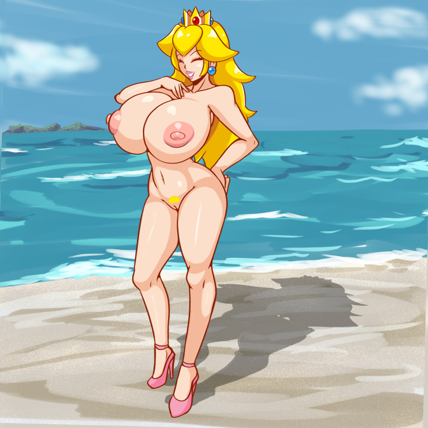 1girls alternate_breast_size areolae beach big_breasts blonde_hair blue_eyes breasts breasts_bigger_than_head busty closed_eyes female female_only hand_on_hip huge_breasts iggy-bomb large_breasts lips mario_(series) navel nintendo nipples nude pink_lips pose posing princess_peach pussy smile solo thick_lips voluptuous