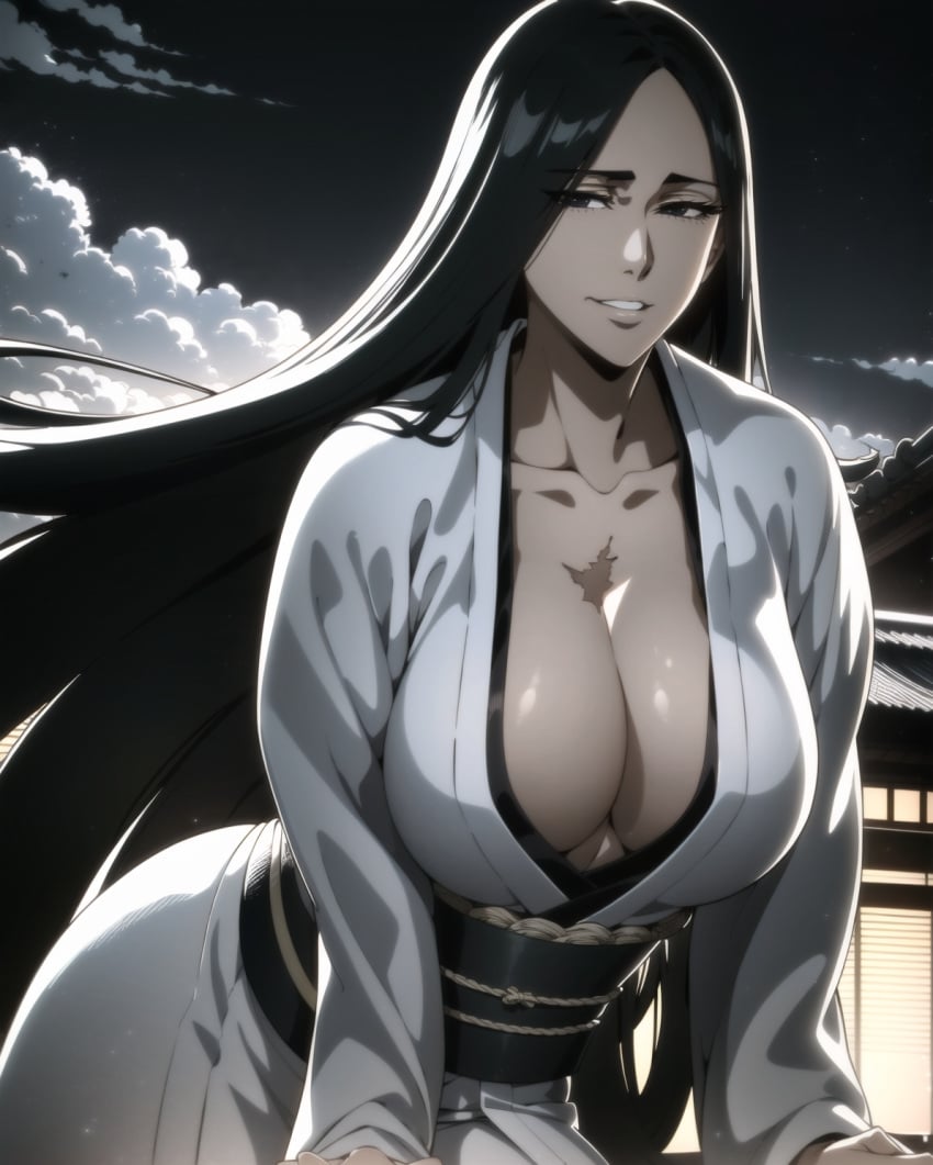 ai_generated black_hair bleach bleach:_the_thousand-year_blood_war center_opening cowboy_shot davincifachera female female_only hair_down kimono light-skinned_female light_skin loose_hair mature mature_female milf nai_diffusion naughty naughty_face naughty_smile no_bra pale-skinned_female pale_skin pinup robe smile stable_diffusion unohana_retsu unohana_yachiru very_long_hair voluptuous voluptuous_female wafuku wide_hips