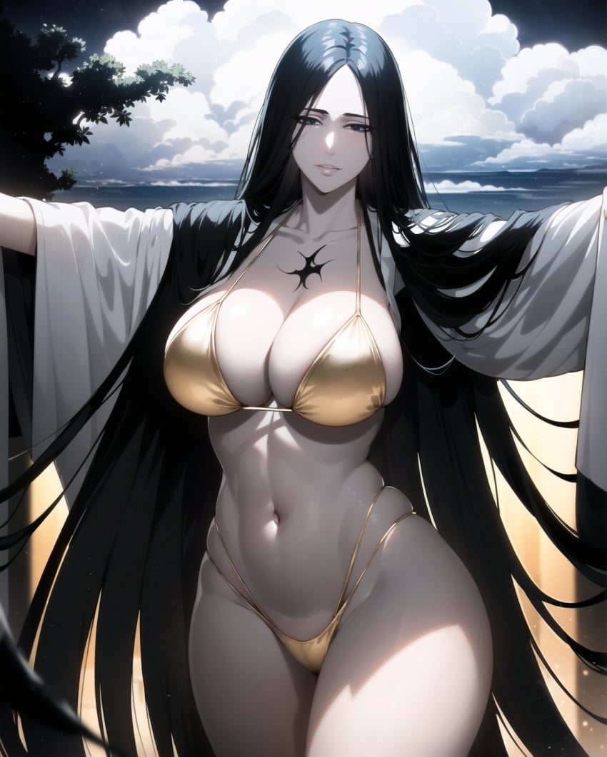 ai_generated big_breasts bikini black_hair bleach bleach:_the_thousand-year_blood_war breasts cowboy_shot davincifachera gold_bikini gold_bra gold_pasties hair_down huge_breasts kimono large_breasts light-skinned_female light_skin loose_hair mature mature_female micro_bikini midriff milf nai_diffusion naughty naughty_face naughty_smile pale-skinned_female pale_skin pinup revealing_swimsuit skimpy skimpy_bikini smile stable_diffusion swimsuit unohana_retsu unohana_yachiru very_long_hair voluptuous voluptuous_female