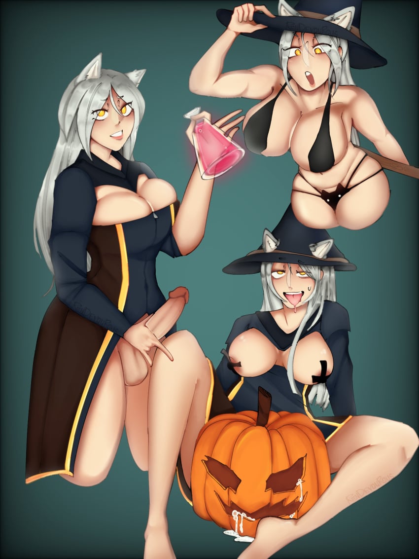 1futa animal_ears areolae artificial_vagina balls big_breasts big_penis bikini bottomless breasts clothed clothing commission cum dickgirl erection female fucking_pumpkin futa_only futanari grey_hair humanoid humanoid_penis improvised_sex_toy jack-o'-lantern kemonomimi light-skinned_futanari light_skin masturbation medium_breasts mostly_clothed mostly_nude orgasm penis potion pumpkin pumpkin_sex rendevourous roblox robloxian self_upload solo standing witch witch_hat yellow_eyes