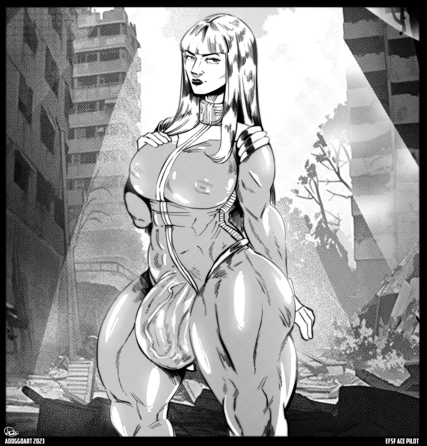 1futa 2020s 2023 adoggoart armpits artist_name artist_signature balls bangs belly big_breasts black_and_white black_border blonde_hair bodysuit breasts bulge chubby clothed clothing cock_bulge commission dark_lipstick dated earth_federation fully_clothed futa_only futanari greyscale gundam hand_on_chest huge_cock human large_balls large_breasts large_penis lipstick long_hair looking_away mobile_suit_gundam normal_suit original_character outdoors screentone signature small_clothes sole_futa solo standing thick_thighs tight_clothing veiny_penis