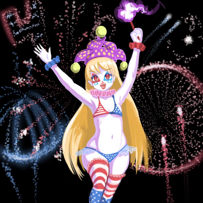 bikini clown_girl clown_makeup clown_paint clownpiece female navel profitshame small_breasts smile thick_thighs thighhighs torch touhou wide_hips