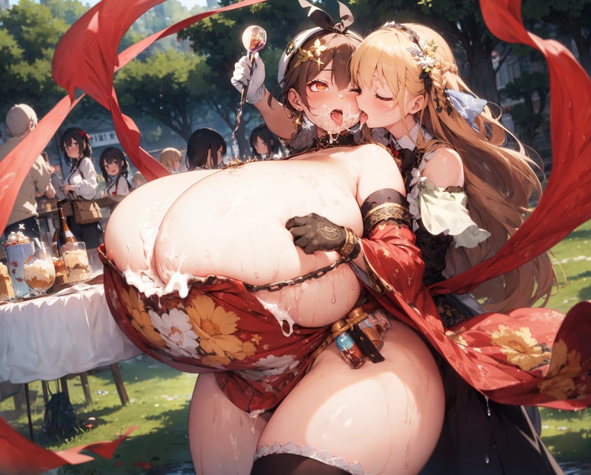 2girls ahe_gao ai_assisted alitonx atelier_(series) atelier_ryza beret black_dress blonde_hair brown_gloves brown_hair chains closed_eyes collar crowd cum_drip cum_in_mouth cum_on_body cum_on_face curvy french_kiss french_kissing gigantic_breasts glove hair_ribbon huge_breasts hyper_breasts kimono kissing klaudia_valentz off_shoulder park plump public red_kimono reisalin_stout ribbons rolling_eyes thick_thighs tongue tongue_kiss tongue_out wet wet_body wide_hips wide_sleeves wine x_hair_ornament yuri