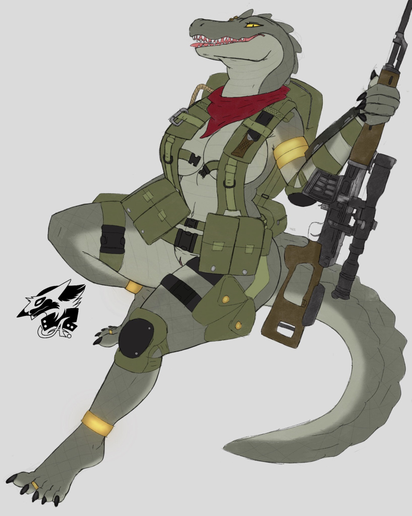 anthro backpack breasts clothed clothing crocodile crocodilian crocodylid derpwolfy18971 female genitals gun hi_res knee_pads neckerchief pouches pussy ranged_weapon reptile rifle scalie simple_background sitting skimpy sniper_rifle solo svd weapon