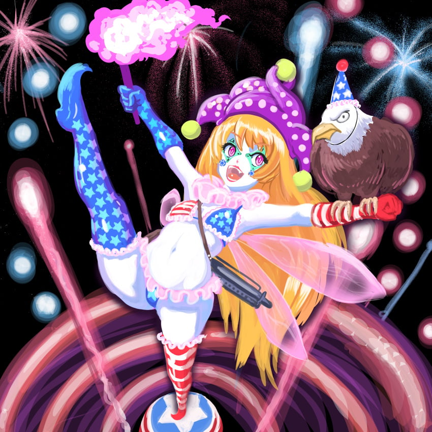 bikini clown_makeup clown_paint clownpiece eagle female gun navel profitshame small_breasts smile thick_thighs thighhighs torch touhou wide_hips