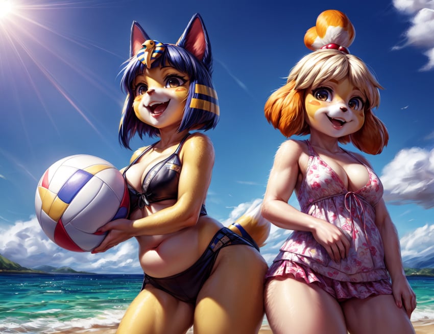 2girls ai_generated animal_crossing ankha ankha_(animal_crossing) beach bikini blue_sky canine chubby detailed feline female female_only isabelle_(animal_crossing) medium_breasts nintendo public slightly_chubby smile sunrays swimsuit volleyball water yellow_fur