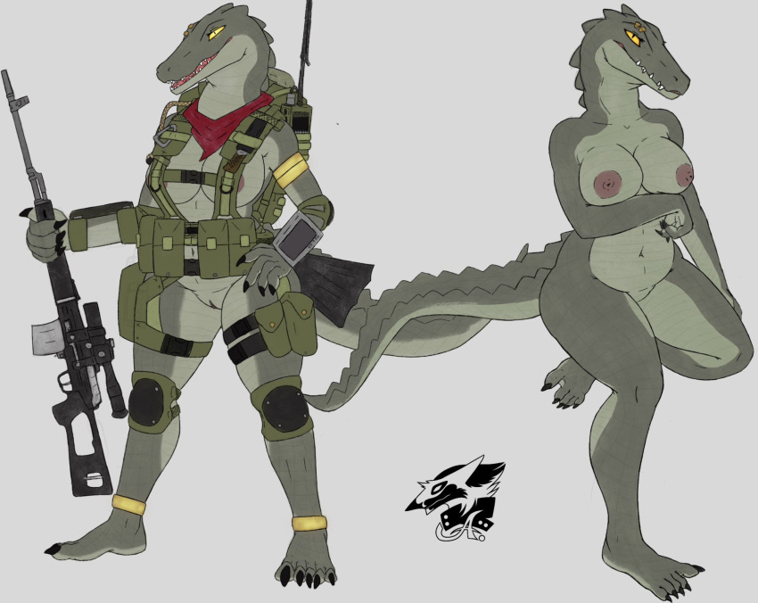 anthro backpack breasts clothed clothing crocodile crocodilian crocodylid derpwolfy18971 female genitals gun hi_res knee_pads multiple_poses neckerchief nipples nude plantigrade pose pouches pussy ranged_weapon reptile rifle scalie simple_background skimpy sniper_rifle solo standing svd weapon