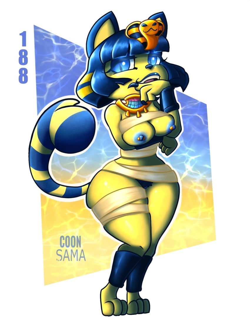 animal_crossing ankha ankha_(animal_crossing) anthro areola bandage blue_areola blue_background blue_eyes blue_hair blue_lipstick blue_nipples blue_pubes blue_stripes domestic_cat egyptian_headdress felid feline felis female fur genitals hair hand_under_breast hi_res lipstick looking_at_viewer makeup mammal markings nintendo nipple_piercing nipples open_mouth piercing pubes pupils pussy raccoon_sama short_hair simple_background slit_pupils solo striped_markings striped_tail stripes tail tail_markings thick_thighs white_background wide_hips yellow_background yellow_body yellow_fur