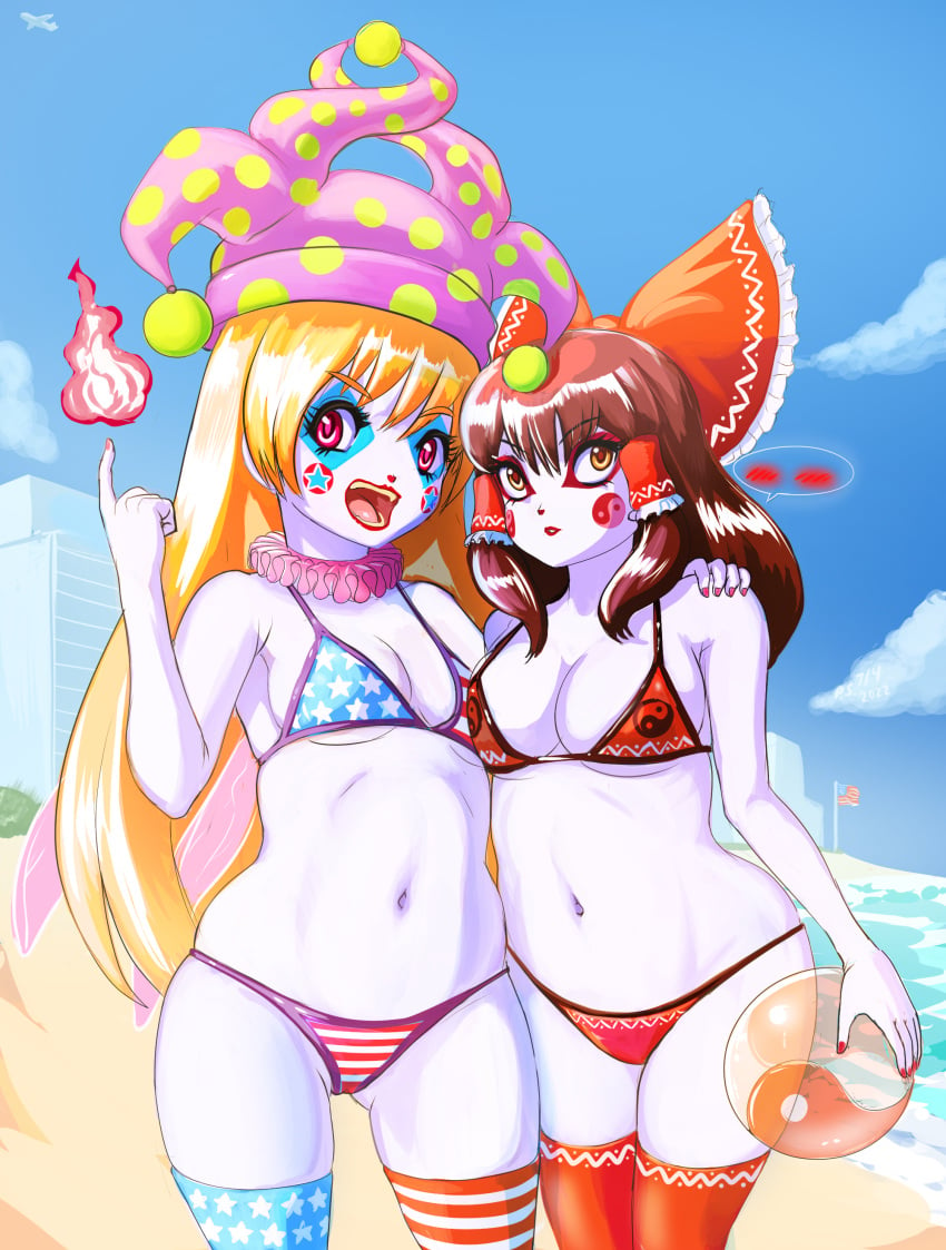 bikini clown_makeup clown_paint clownification clownpiece female fire implied_transformation navel personality_change profitshame reimu_hakurei small_breasts smile thick_thighs thighhighs touhou transformation wide_hips