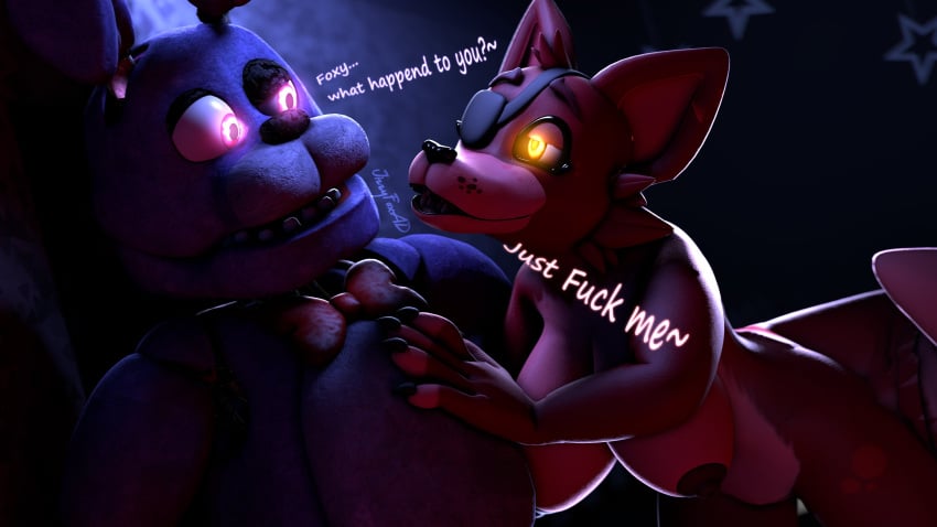 absurd_res anthro bonnie_(fnaf) bow_tie breasts canid canine duo eye_patch eyewear female five_nights_at_freddy's fox foxy_(fnaf) glowing glowing_eyes hi_res jizzyfox male male/female mammal rule_63 scottgames text