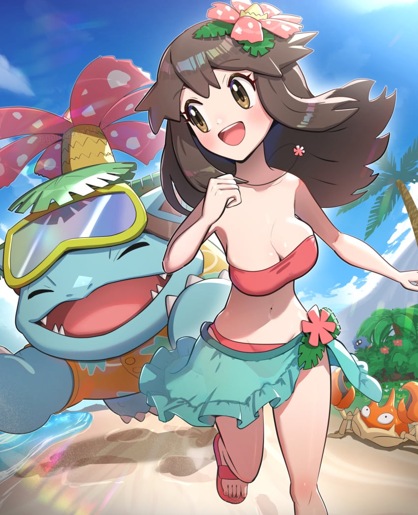 boobs bouncing_breasts breasts cleavage gonzarez gonzarez1938 high_resolution highres krabby leaf_(pokemon) pokemon smaller_female swimsuit tight_clothing venusaur