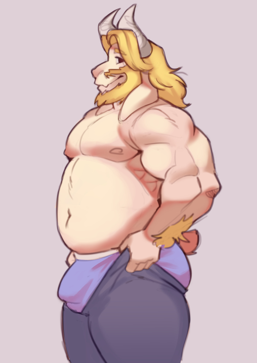 1boy 2020s 2023 anthro anthro_only asgore_dreemurr boss_monster bottomwear bulge caprine clothed clothing don_conej0 furry furry_male furry_only genitals goat goat_ears goat_horns grey_background horns male male_anthro male_nipples male_only meme monster nipples pants pecs penis_bulge simple_background solid_color_background solo solo_anthro solo_male tail tail_tuft tight_pants tight_pants_(meme) topless topless_male undertale undertale_(series) underwear