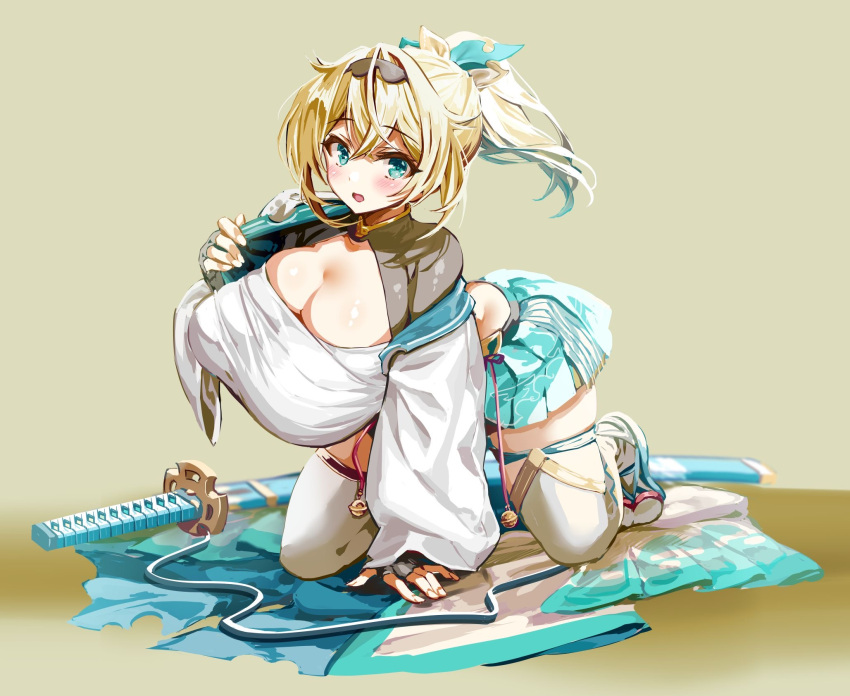 1girls all_fours baggy_clothing bangs blonde_hair blue_eyes cleavage crop_top eyebrows_visible_through_hair female fully_clothed hair_ornament hololive hololive_japan holox huge_breasts katana kazama_iroha light-skinned_female light_skin long_hair long_sleeves looking_at_viewer manyuu_kaeru_tasuke_sansei open_mouth ponytail sandals simple_background skindentation skirt socks solo tagme thighhighs virtual_youtuber weapon