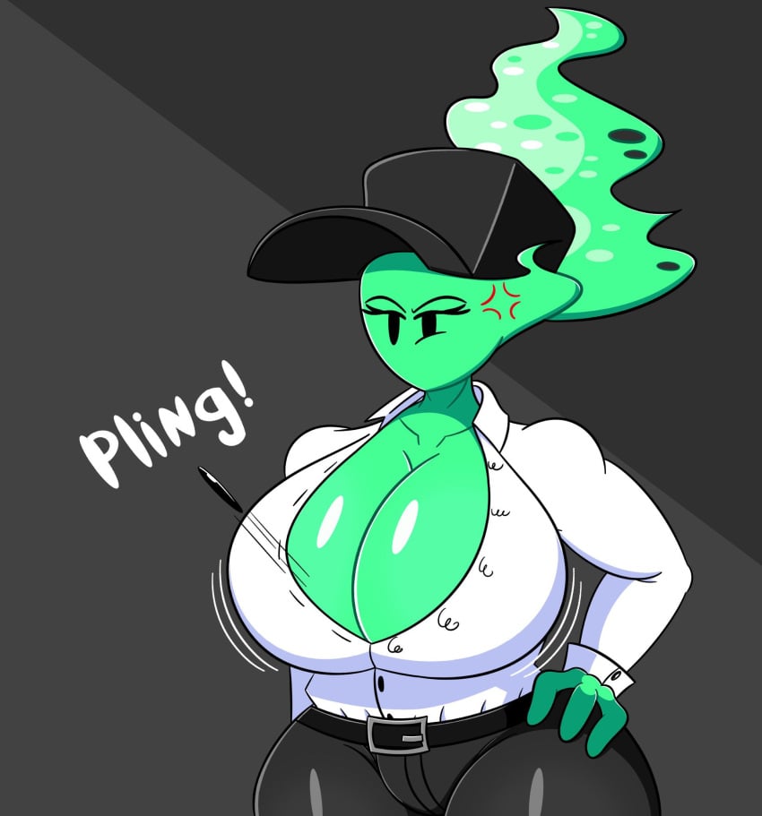 anger annoyed_expression big_breasts breasts button_down_shirt button_pop cleavage f'lata_flare_(minusbrush) fire fire_girl friday_night_funkin green_body hand_on_hip minusbrush wardrobe_malfunction