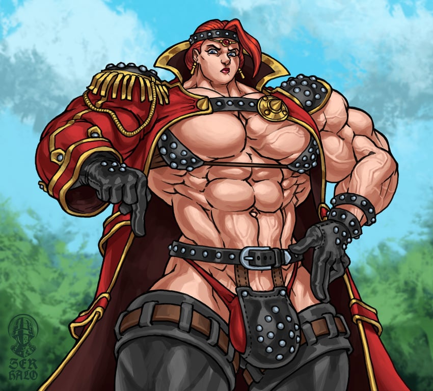 1futa androgynous armor bikini_armor black_gloves blue_eyes bulge cape clothed clothing commission cropped_legs crotch_plate earrings extreme_muscles flaccid futa_only futanari gloves human hyper_muscle hyper_muscles karmella_(elyobobo) light_skin mostly_nude muscualar_arms muscular_futanari nipples original pecs pectorals penis penis_armor pointing_down red_hair revealing_clothes ser_halo short_hair solo standing thick_thighs tiara vambraces vein veiny_muscles watermark