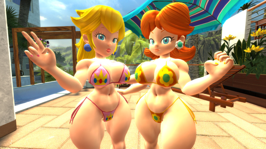 2girls 3d 3d_(artwork) beach big_breasts big_thighs bikini blonde_hair blue_eyes breasts busty child_bearing_hips cleavage confident crown duo dusk earrings female female_only flower_earrings ginger_hair half-closed_eyes hi_res human human_only light-skinned_female light_skin lips lipstick long_hair looking_at_viewer mario_(series) nail_polish navel nintendo orange_bikini orange_nail_polish orange_nails pink_bikini pink_nail_polish pink_nails princess princess_daisy princess_peach shoulder_length_hair smile string_bikini swimsuit thhypercombine thhypercombine12 thick thick_hips thick_thighs v voluptuous